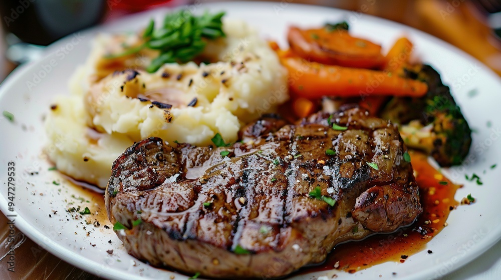 Seasoned and Cooked Meat Plate Served with Mashed Potatoes and Roasted Vegetables Seasoned and Cooked Meat Plate Served with Mashed Potatoes and Roasted Vegetables