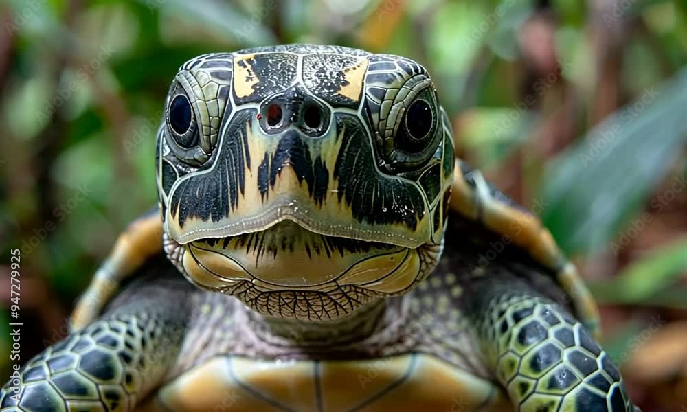 A close-up photo of a young sea turtle, showcasing its colorful shell and inquisitive eyes. A close-up photo of a young sea turtle, showcasing its colorful shell and inquisitive eyes.