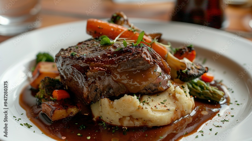 Delicious Meal: Cooked and Seasoned Meat with Mashed Potatoes and Roasted Vegetables Delicious Meal: Cooked and Seasoned Meat with Mashed Potatoes and Roasted Vegetables
