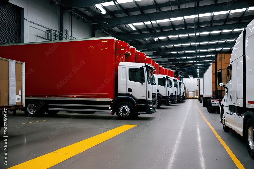 Fototapeta premium Close-up of Freight Trucks at Distribution Center Ready for Shipping