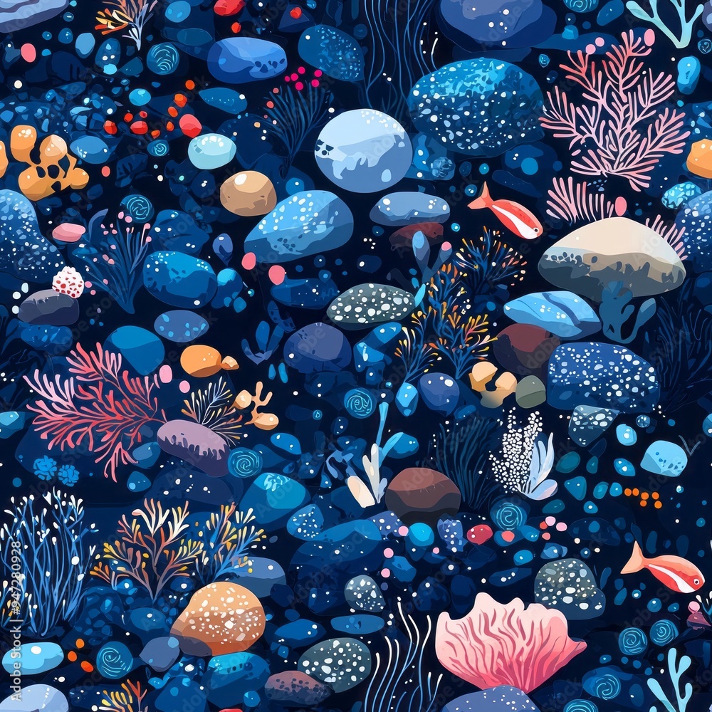 Seamless pattern of shimmering underwater pebbles and aquatic flora Seamless pattern of shimmering underwater pebbles and aquatic flora