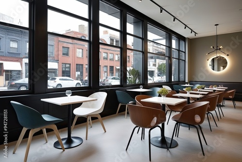 Trendy Minimalist Cafe Design Featuring Unique Chairs and Dining Tables by Large Windows