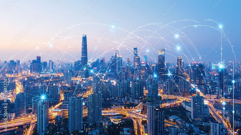 Fototapeta premium Cityscape with Network Connections Digital Technology Urban Infrastructure Modern Architecture