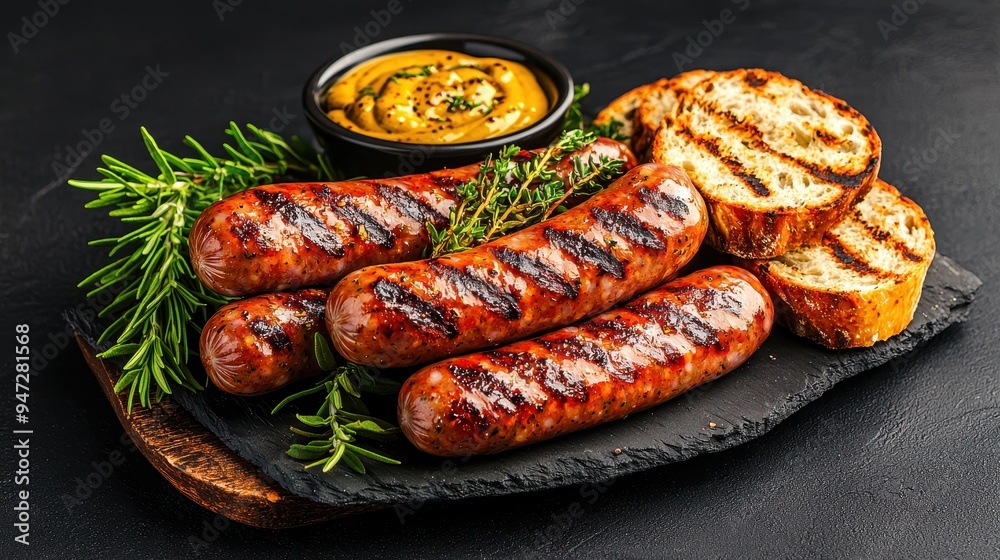 Grilled Sausages with Mustard Sauce and Bread on Slate Plate Grilled Sausages with Mustard Sauce and Bread on Slate Plate