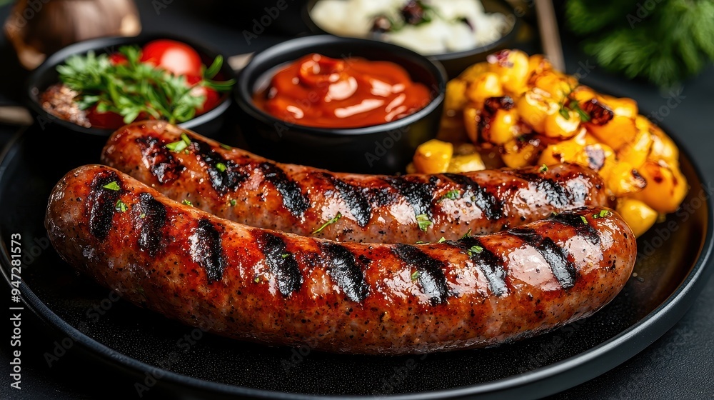 Grilled Sausages with Side Dishes on Black Plate Grilled Sausages with Side Dishes on Black Plate