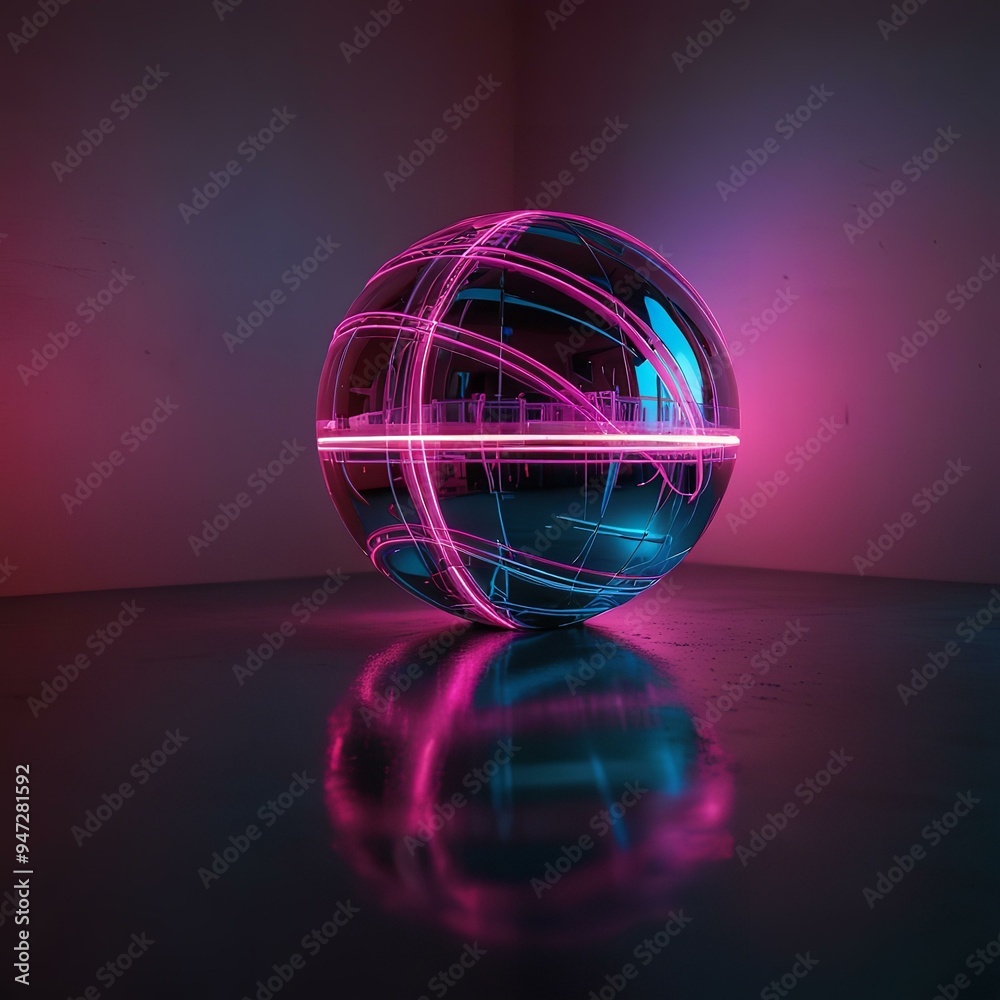 Neon-lit sphere with grid pattern emits cyberpunk vibes. Neon-lit sphere with grid pattern emits cyberpunk vibes.