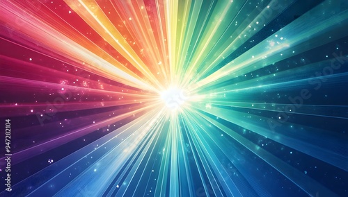 Bright and colorful light rays with rainbow effects on a blue sky background.