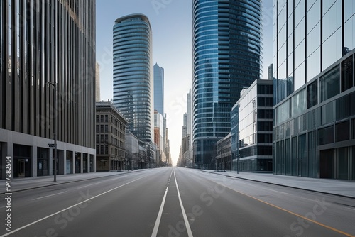 Panoramic Urban Landscape of Abandoned Street Surrounded by Modern Office Towers