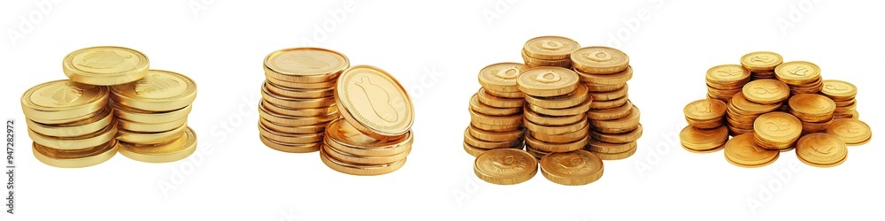 4 Set Diwali decor, A collection of shiny gold coins arranged in various stacks, symbolizing wealth and prosperity in a minimalist style. Isolate white background set 4 Set Diwali decor, A collection of shiny gold coins arranged in various stacks, symbolizing wealth and prosperity in a minimalist style. Isolate white background set