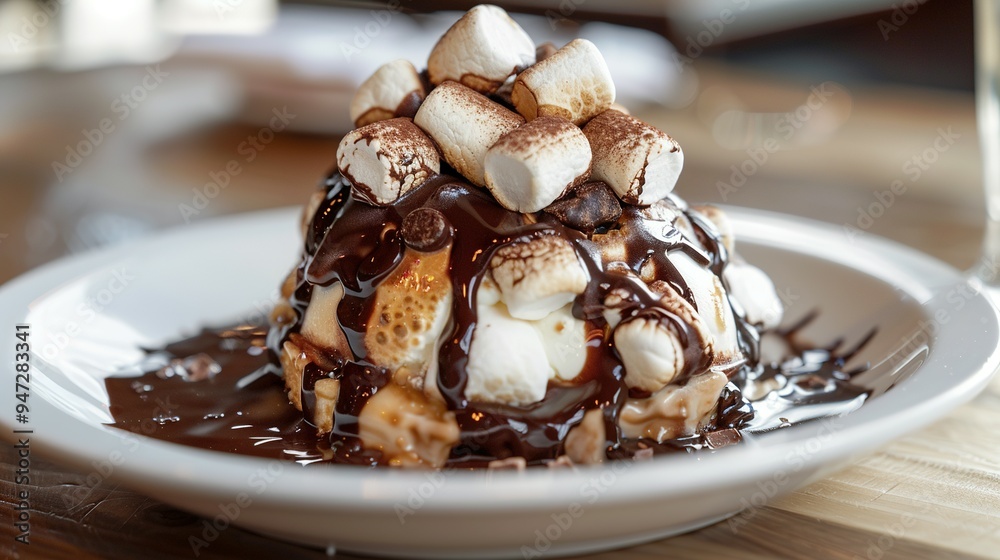 White Plate Dessert: Chocolate and Marshmallows on Ice Cream, Topped with Chocolate Sauce