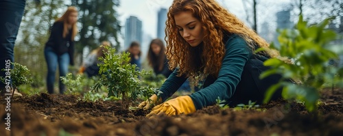 Woman planting small tree in urban area - Young female volunteer engaged in urban greening activity photo