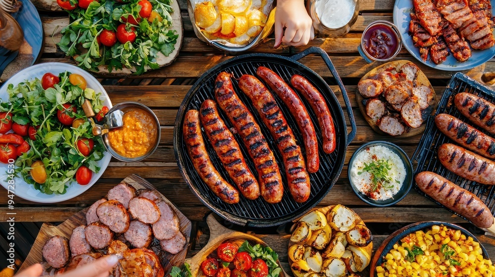 Grilled Sausages and Vegetables on Wooden Table