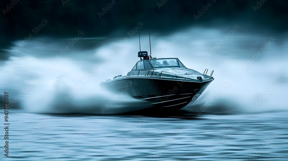 Naklejka premium High Speed Maneuvering Attack Boat Cutting Through Waves with Water Spray and Motion Blur