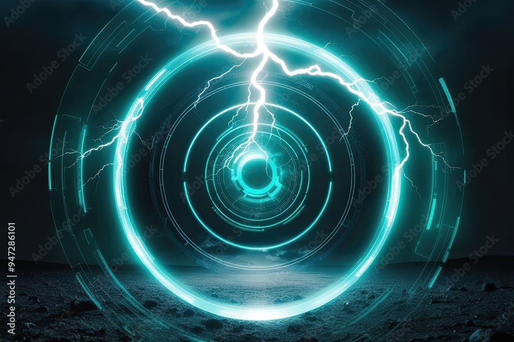 Vibrant Teal Mixed Reality Hologram with Circular Energy Aura and Spectral Portal in Dark Atmospheric Setting Vibrant Teal Mixed Reality Hologram with Circular Energy Aura and Spectral Portal in Dark Atmospheric Setting
