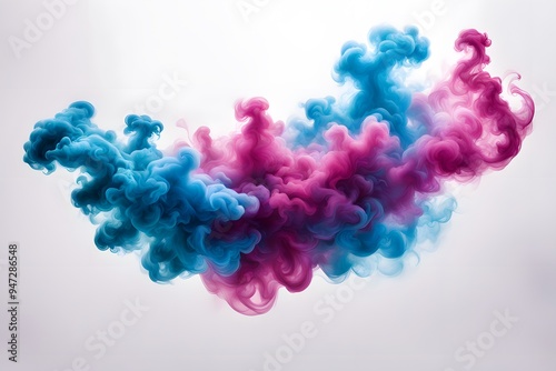 A burst of bright blue and magenta smoke spreading across a white background, AI Generated