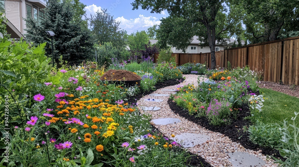 Obraz premium Beautiful Flower Garden Path with Stone Stepping Stones