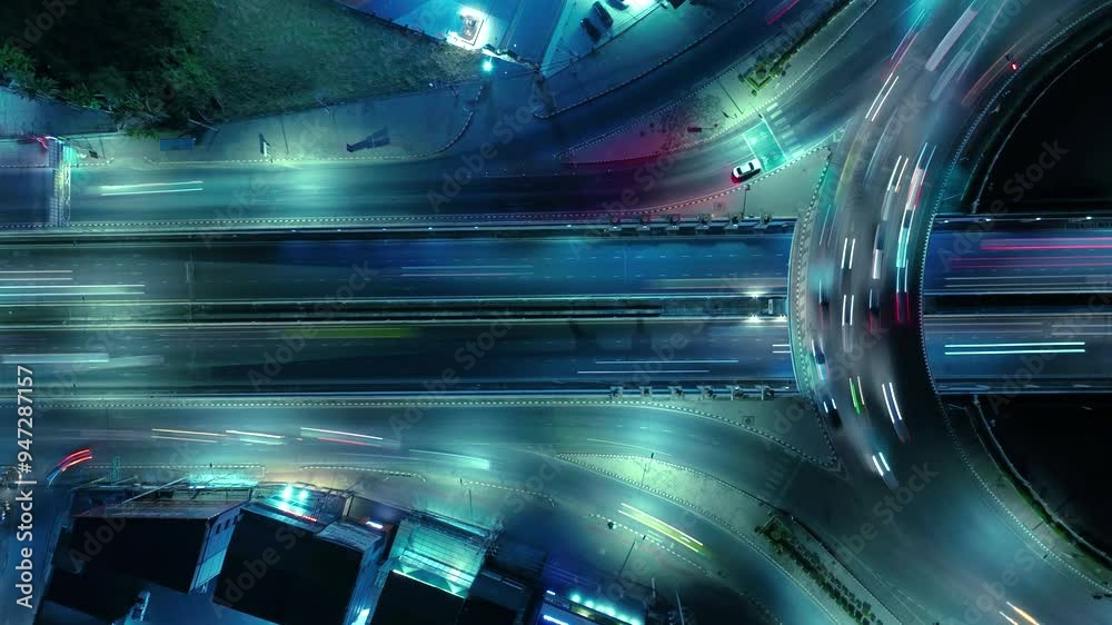 Hyperlapse time-lapse of car traffic transportation above circle roundabout road in Asian city. Drone aerial view fly in circle, high angle. Public transport or commuter city life concept
