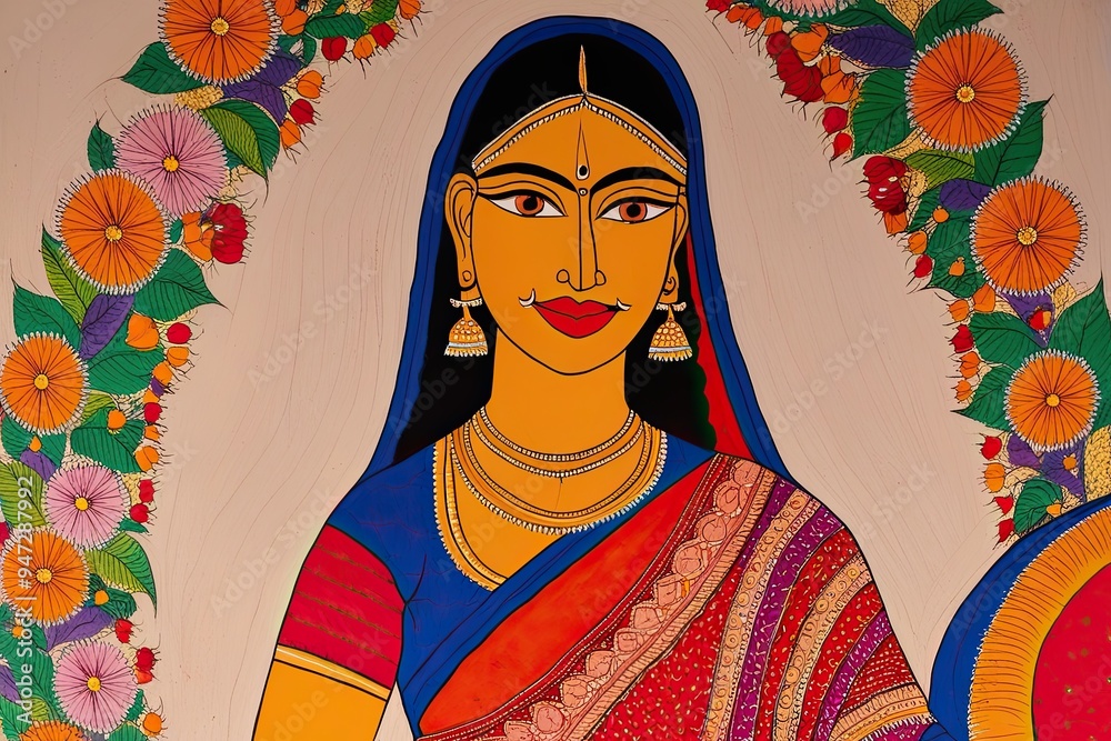 Fototapeta premium Vibrant Traditional Madhubani Art Depicting Woman in Sari with Rich Textures and Floral Elements