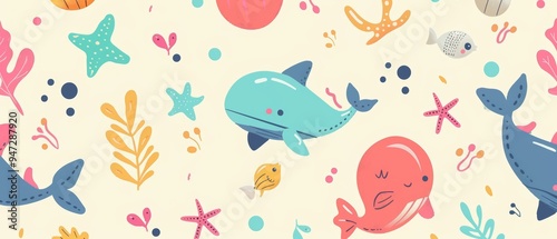 vector graphic of cute simple patterns of marine in light background