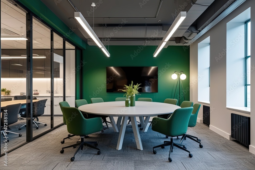 Fototapeta premium Modern Collaborative Office Interior Design in Green and Grey