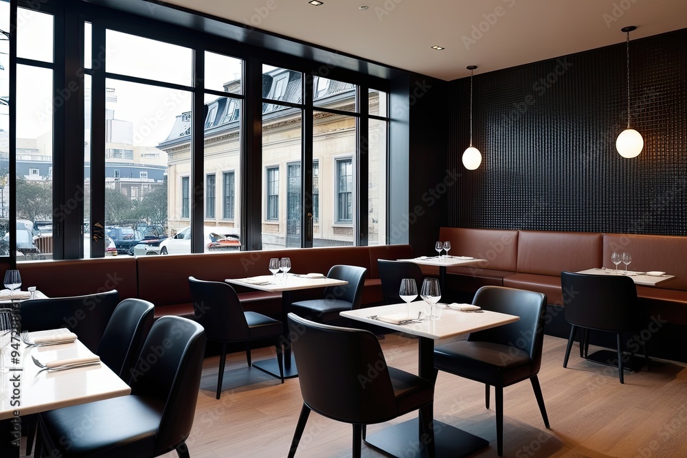 Fototapeta premium Stylish Bistro Design Featuring Modern Chairs Benches Expansive Windows and Enclosed Dining Space