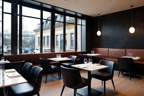 Wallpaper Mural Stylish Bistro Design Featuring Modern Chairs Benches Expansive Windows and Enclosed Dining Space Torontodigital.ca