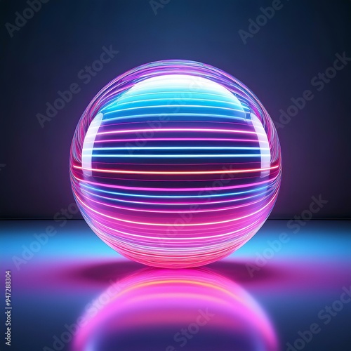 Neon-lit sphere with swirling reflections.