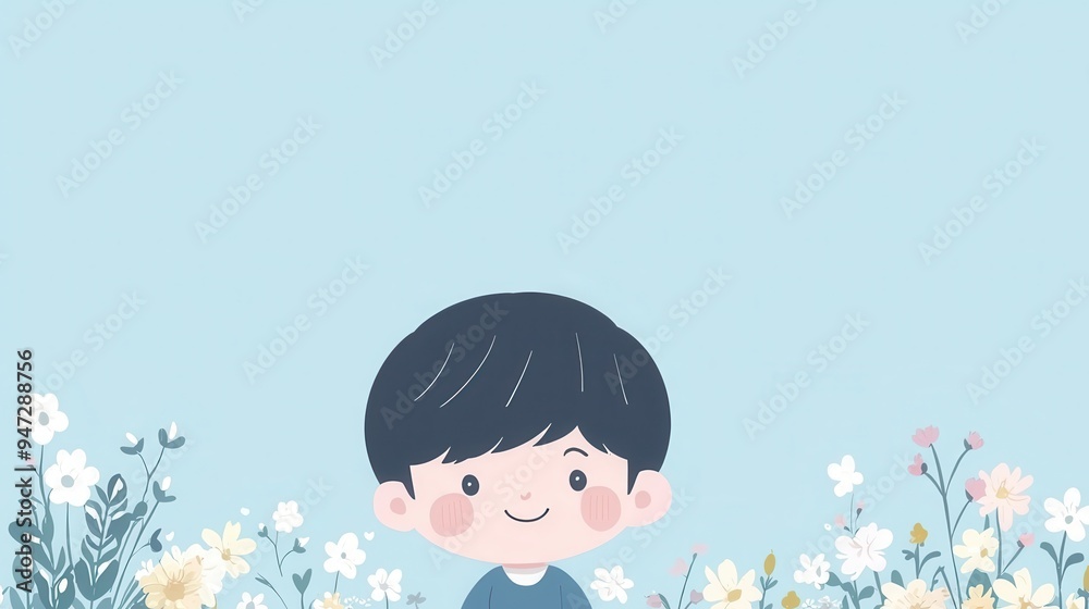 Happy Boy with Flowers on a Blue Background Happy Boy with Flowers on a Blue Background