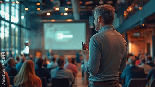 Speaker talks at a conference bringing together professionals in the field to talk about the most recent advancements in AI and big data