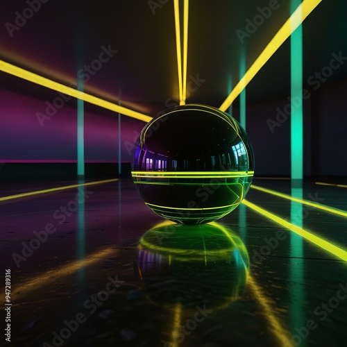 Neon-lined sphere glows on dark surface, radiating futurism.