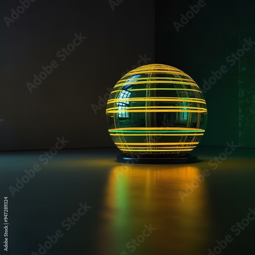 Neon-lined sphere glows on dark surface, radiating futurism.