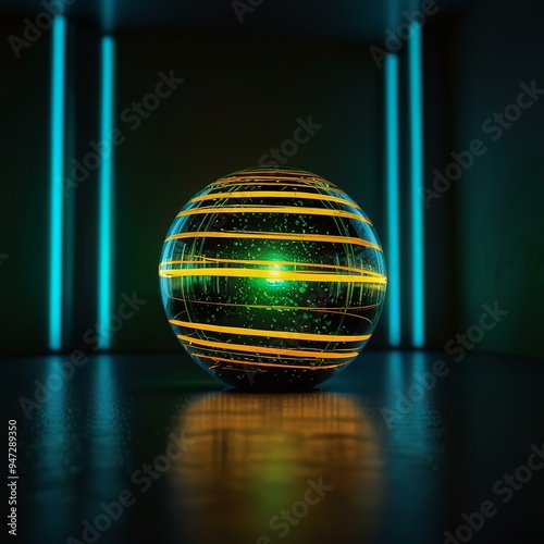 Neon-lined sphere glows on dark surface, radiating futurism.