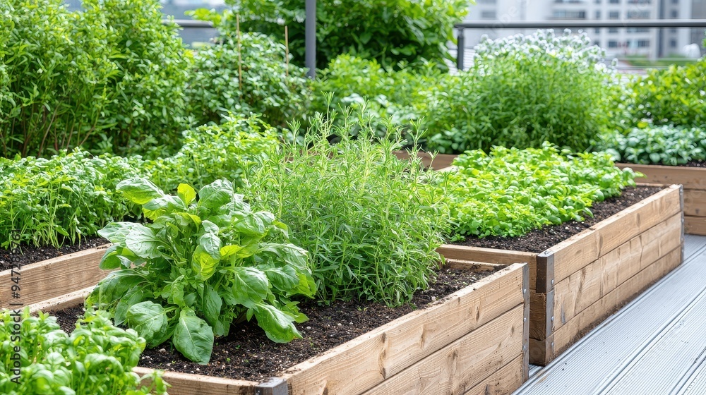 Urban Rooftop Garden with Green Plants in Wooden Planters