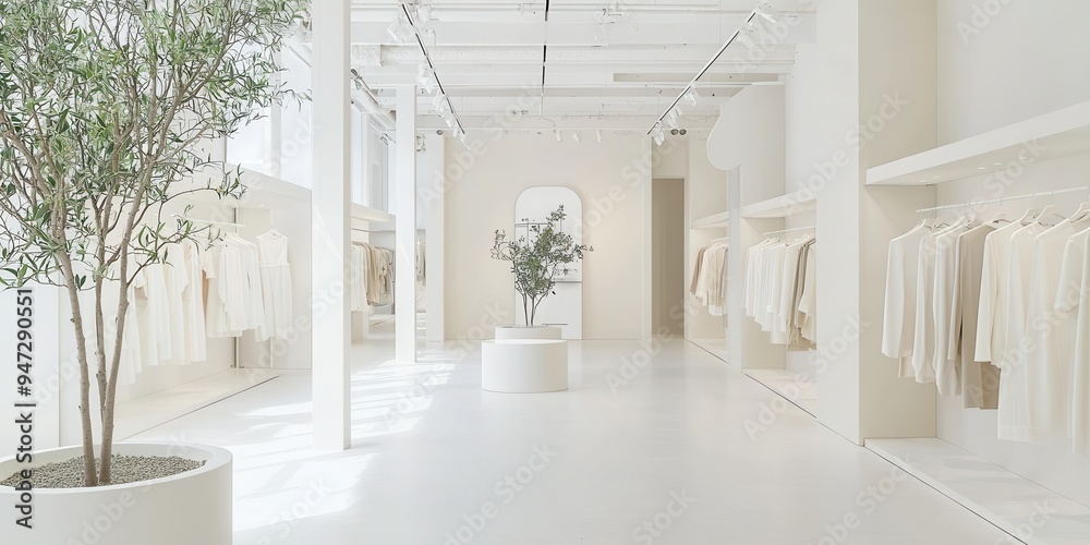 Fototapeta premium Minimalist White Interior Design Showroom with Plant and Clothes on Hangers