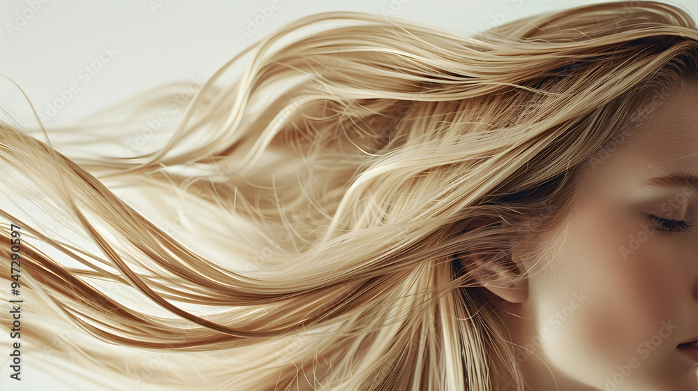 Naklejka premium Close-Up Portrait of Woman with Windswept Blonde Hair