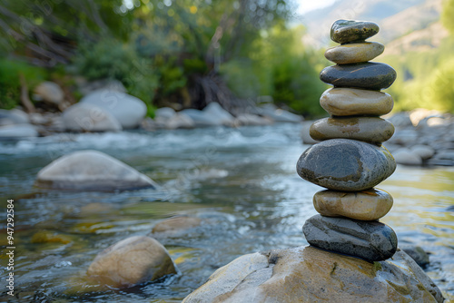 Harmonious Stone Tower by Tranquil River Symbolizing Balance and Mindfulness in Nature