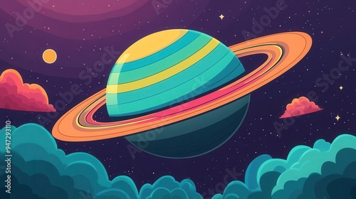 A groovy cartoon planet with colorful rings and swirling clouds, groovy, cartoon planet, vibrant