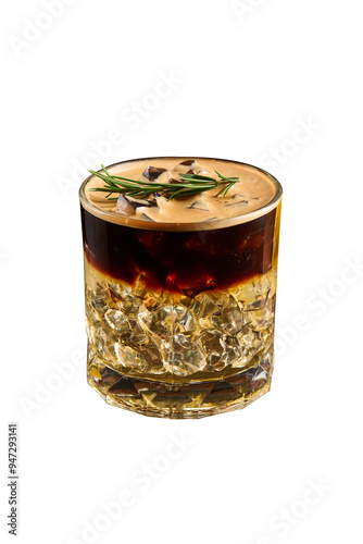 A close-up image of a glass of Coffee mixed with orange juice, set against a white background.