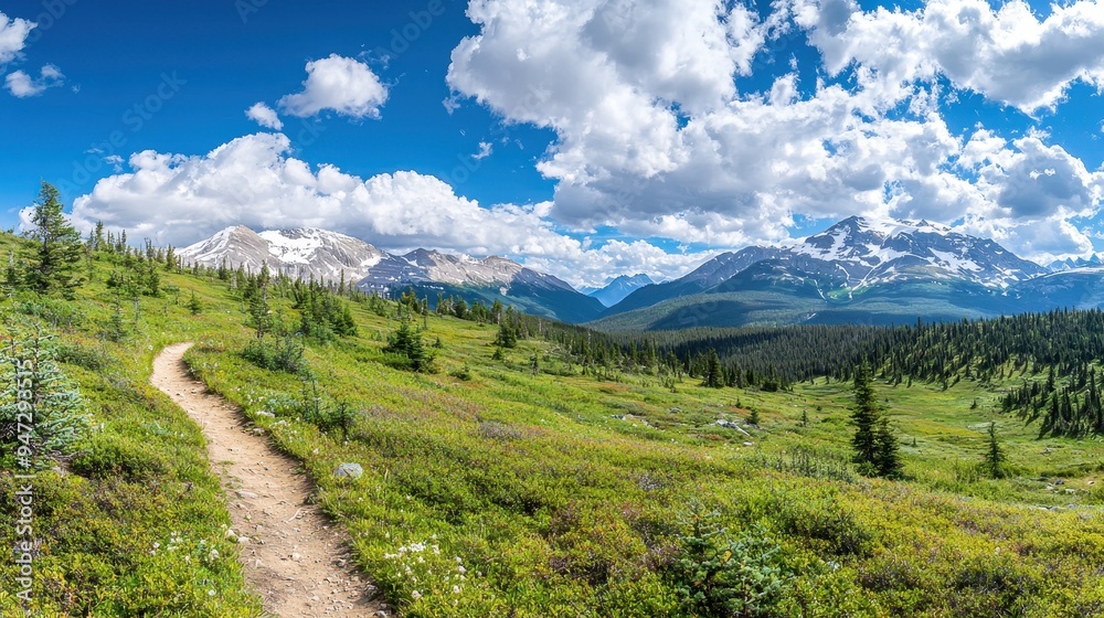Mountain Hiking Trail with Snowcapped Peaks and Lush Green Meadows Mountain Hiking Trail with Snowcapped Peaks and Lush Green Meadows