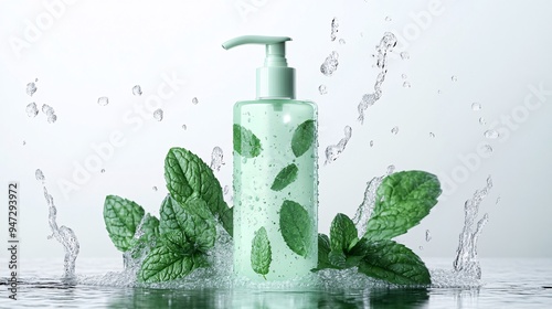 face wash photo shoot with mint leaves, realistic hyper-detailed rendering, refreshing mint green tones, eye-catching tags with crisp free-flowing lines, water drops enhancing the cooling effect, photo