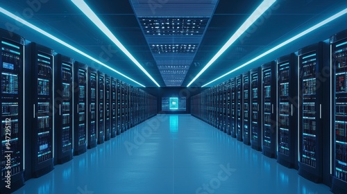 Modern Data Center Server Room with Blue Lights