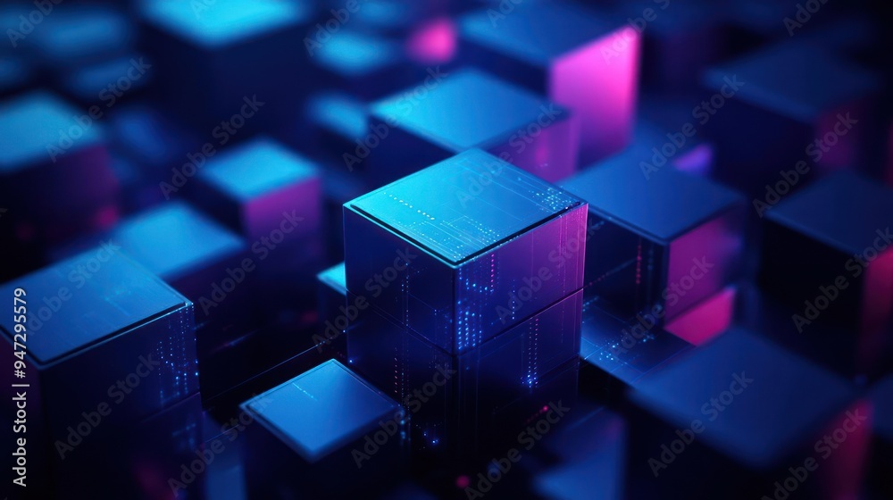A digital world with cubed shapes composed of blue and pink blocks, A digital world with cubed shapes composed of blue and pink blocks,