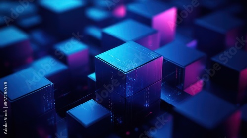 A digital world with cubed shapes composed of blue and pink blocks,