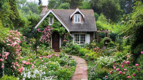 Cottage in a Flower Garden with Stone Path