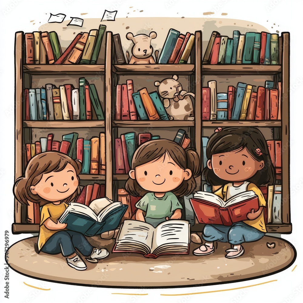 Kids Reading Books in Library Cartoon Illustration