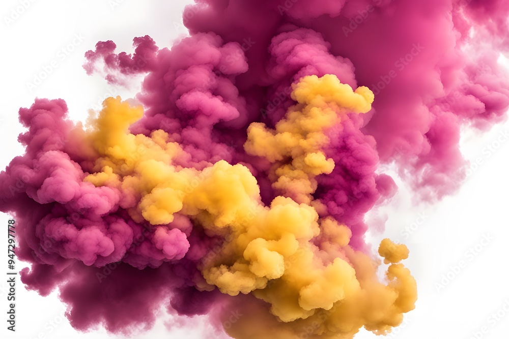 Bright yellow and magenta smoke clouds merging together creating a lively effect on a white background, AI Generated Bright yellow and magenta smoke clouds merging together creating a lively effect on a white background, AI Generated