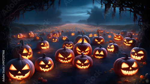 halloween pumpkin in the night Halloween concept copy space baner photo