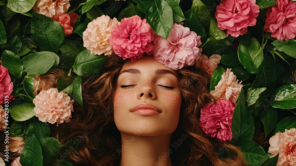 Peaceful woman with flowers surrounding her head, signifying mental health awareness, serenity, and the importance of self-care and emotional well-being