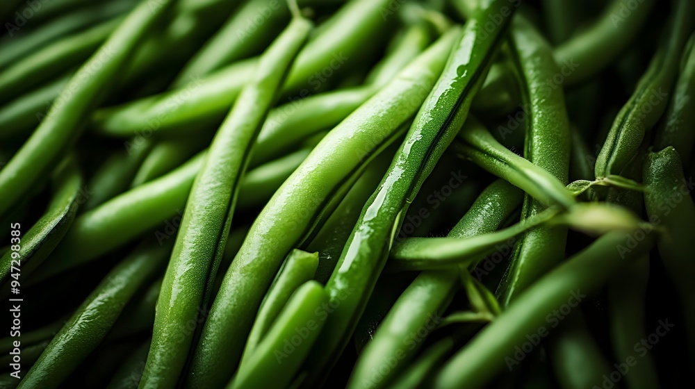 Close up photograph showcasing the vibrant green color and slight sheen of fresh organic green beans Close up photograph showcasing the vibrant green color and slight sheen of fresh organic green beans