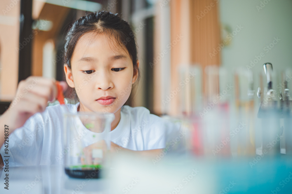 little scientist looking through a microscope and test tubes filled with chemicals for learning about science and experiments. little scientist looking through a microscope and test tubes filled with chemicals for learning about science and experiments.